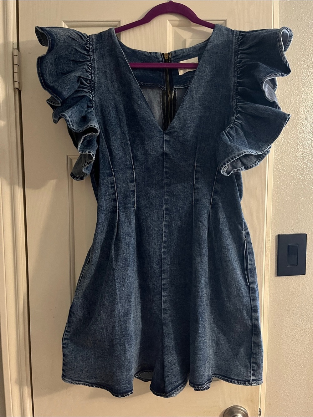 Denim Blue Ruffle-Sleeve Romper